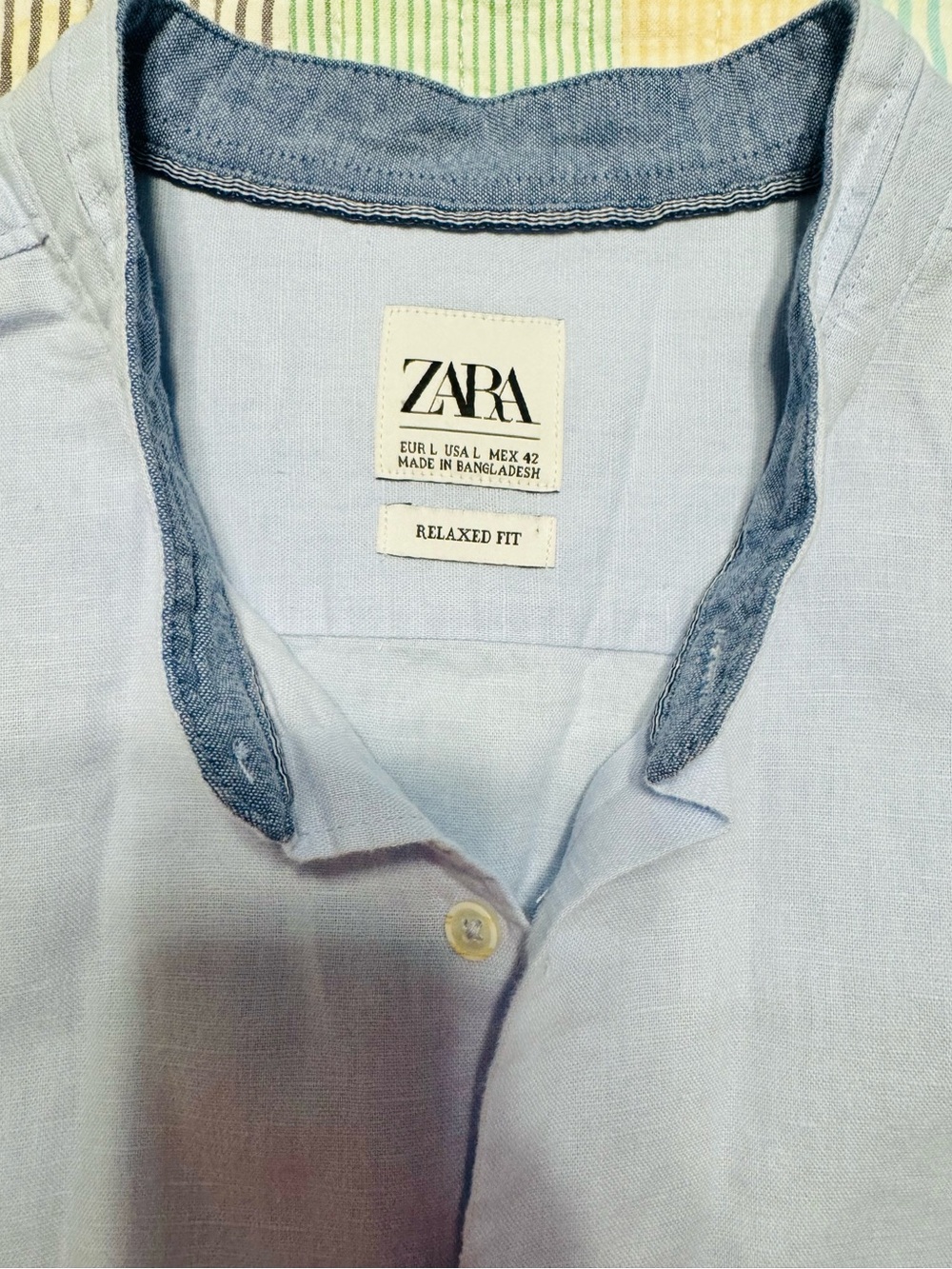 ZARA Blue Chambray-Trim Relaxed Shirt
